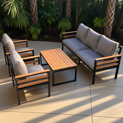 4-piece Outdoor Furniture Sofa Set For 5 People With Acacia Wood Armrests, Patio Conversation Set With Removable Cushion And Solid Wood Coffee Table For Garden, Grey