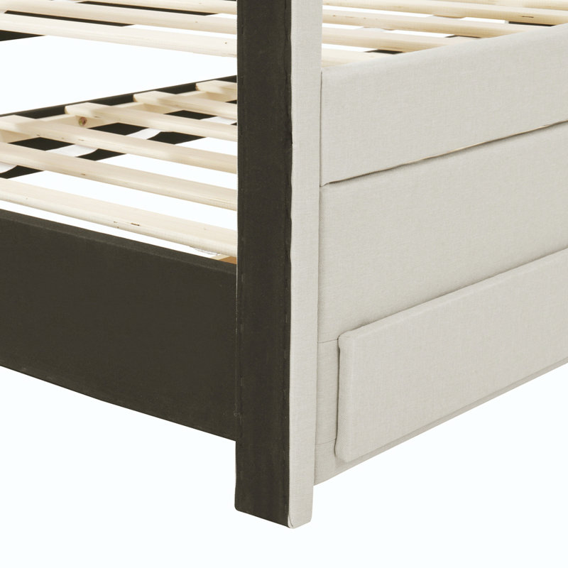 Lit plateforme tapissier avec lit gigogne simple et 3 tiroirs, Gris, Complet/Double