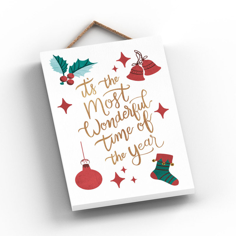 Xmas Its the Most Wonderful Time Wooden Plaque, 18.5cm H x 12cm W x 0.9cm D