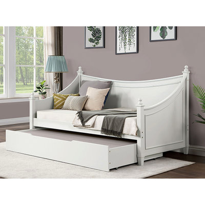 Lit de jour simple blanc de style transitionnel, détails de moulures, conception d'affiche avec fleurons, structure en bois massif, installation pour matelas pour dormir dans de petites pièces et bois d'ingénierie,