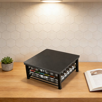 Organisateur de tiroir pour dosettes de café - Rangement de comptoir avec tiroir coulissant et tapis antidérapant - Design durable en métal noir et bois