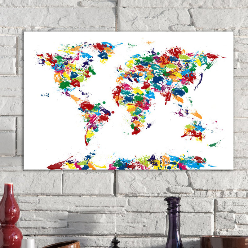 «World Map Paint Drops», impression sur toile, H 8 po x l 12 po x P 0,75 po, Pas de tapis, Toile tendue