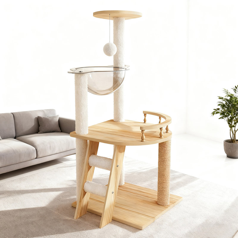 Tour de chat de 41,3 po pour chats d'intérieur, illustrant une structure en bois moderne et élégante, avec poteaux à griffes couverts, acrylique et perchoir relaxant, avec aspect chic, poteaux à gratter,