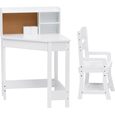 Corner Study Desk Chair Set for Small Spaces, Wood Study Table with Adjustable Chair, Hutch, Corkboard, Pen Holder, Compact Children Homework Table Student Desk Set, White