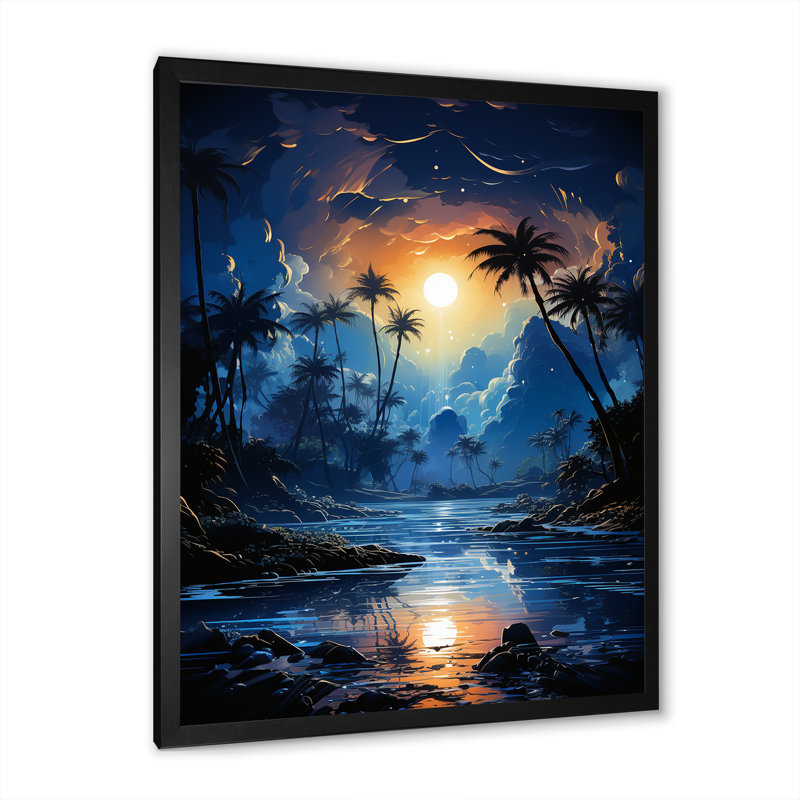 «Sapphire Solitude Palms By The Shore», reproduction sur toile, Cadre noir, H 32 po x l 16 po x P 1 po