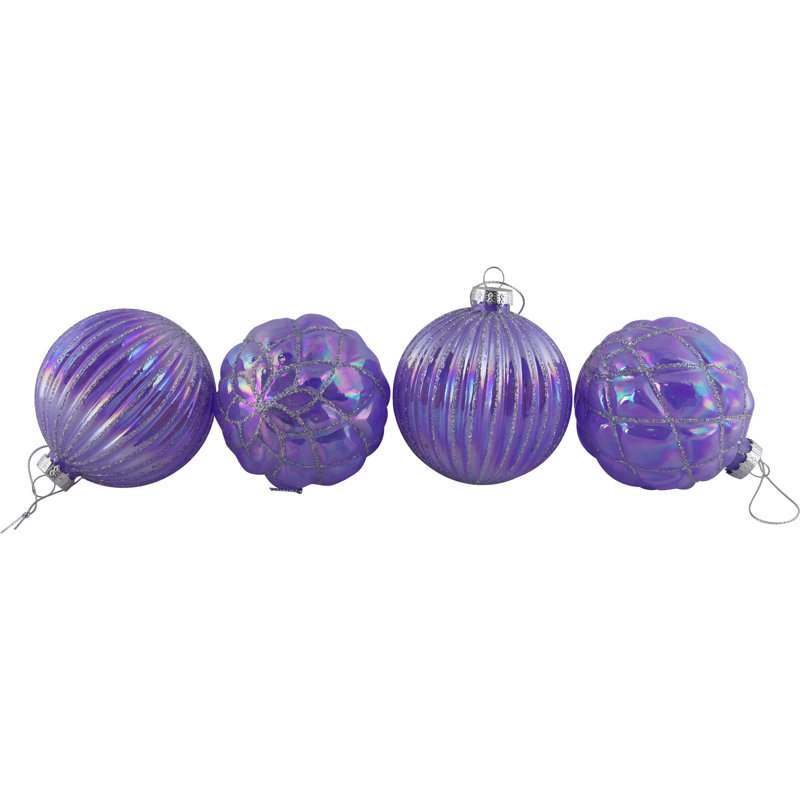 Shiny Glittered Iridescent Glass Ball Christmas Ornaments - 3" (80Mm) - Purple - 4Ct