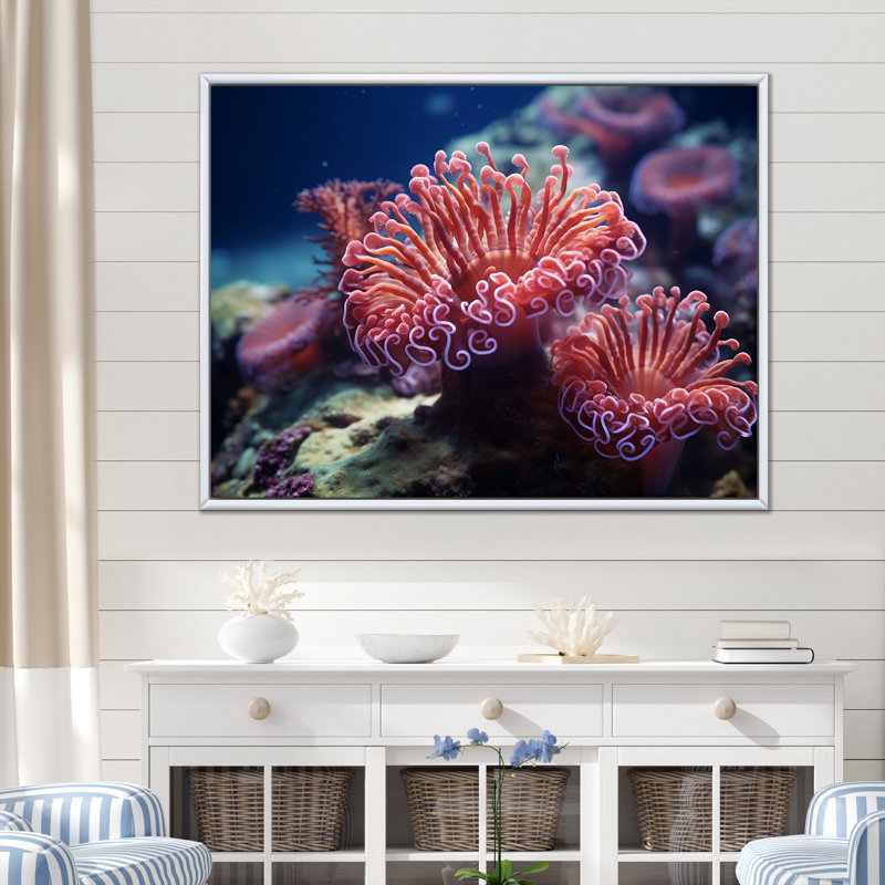 «Colorful Anemone Reef - Beach & Ocean», reproduction d'art sur toile, H 34 po x l 44 po x P 1,5 po, Cadre flottant blanc