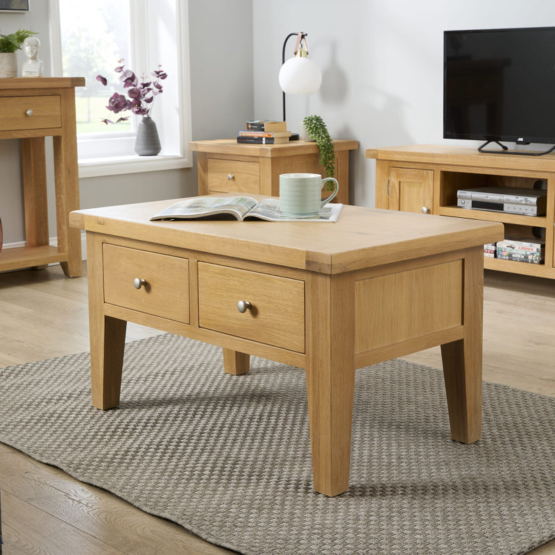 Cooksey Fully Assembled 2 Drawer Coffee Table Oak Finish, Brown