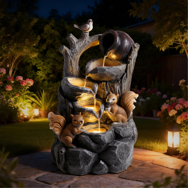 Squirrel Outdoor Water Fountain With Lights Waterfall Garden Decor Resin Tree Stump Pouring Jug For Patio Yard Porch