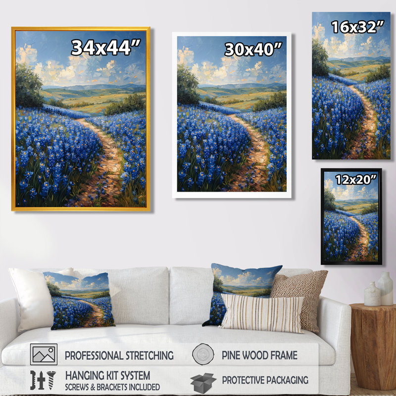 «Summer Morning Magic Blue Bonnets Fields I - Blue Bonnets», reproduction d'art murale, H 24 po x l 32 po x P 1 po