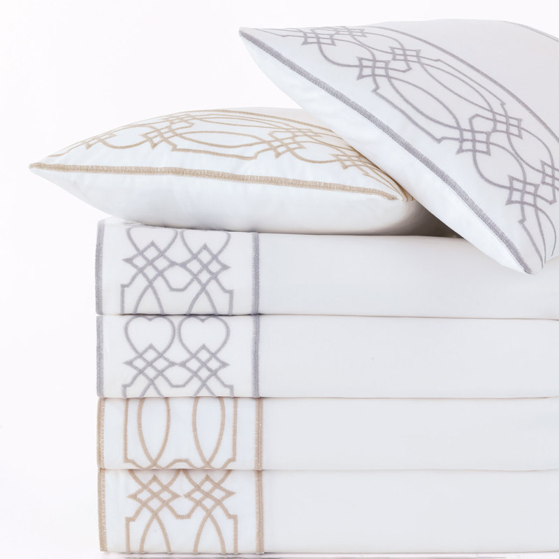 Nicola 100% Cotton Geometric Embroidered Flat Sheet, King Flat Sheet, Wheat