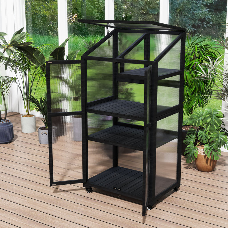 Wood Greenhouse with Adjustable Shelves and Wheels, Portable Cold Frame for Indoor/Outdoor, Black