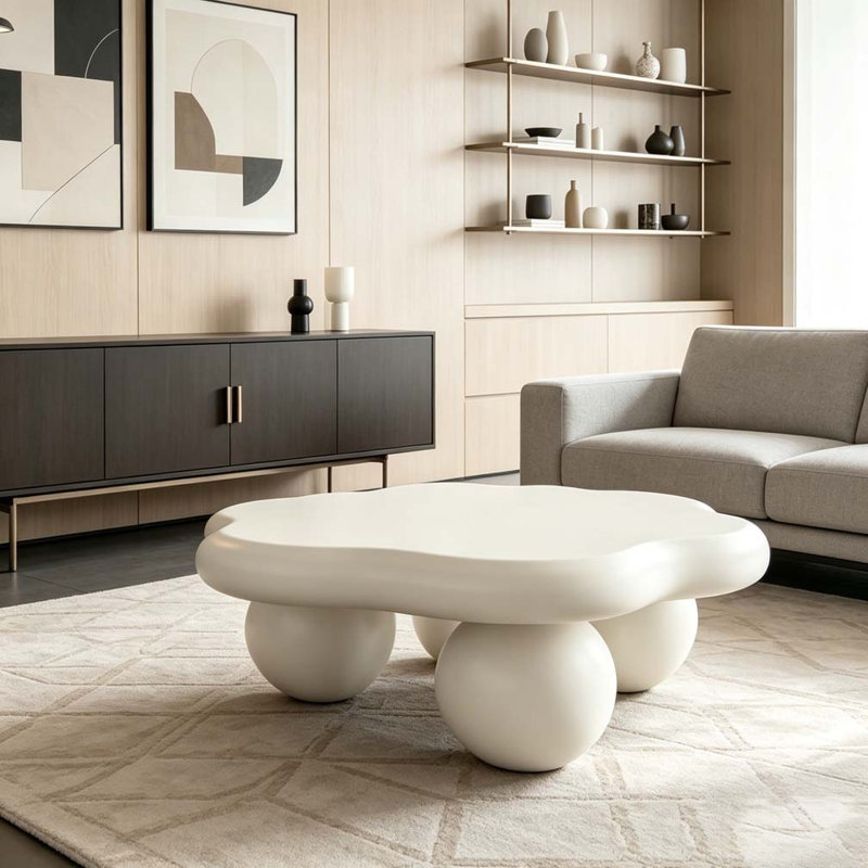 Table basse 35 "en forme de nuage, table basse minimaliste moderne en forme de pétale avec pieds sphériques, Crème