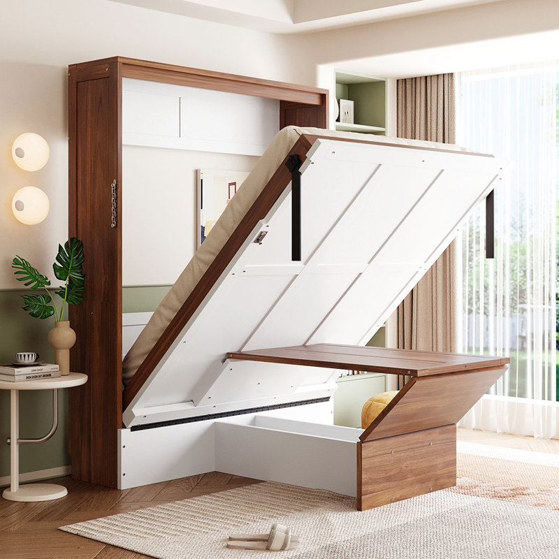 Lit escamotable double avec bureau pliable - Lit escamotable mural - Noyer et blanc, Blanc