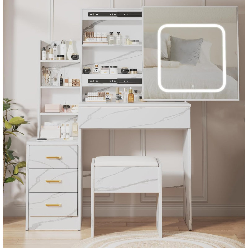 Vanity Desk,makeup Vanity Desk With Sliding Lighted Mirror, Charging Station, White