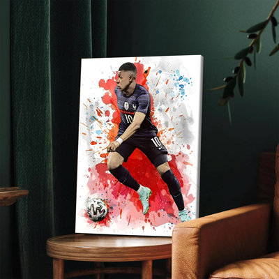 1PC Wall Arts Posters Framed, Kylian Mbappé France National Team Soccer Canvas Wall Art Watercolor Style Football Player Print Decor for Living Room Bedroom Sports Fan Gift Modern Home Decorations High Quality Vivid Colors Ready to Hang