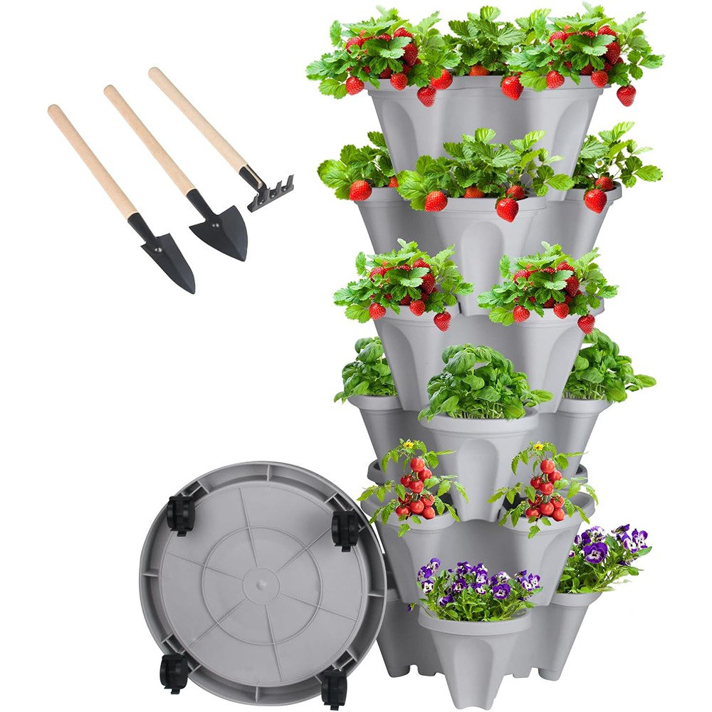 Stackable Planter 6 Tier with Removable Wheels and Tools, Tower Garden  Planters, Indoor Outdoor Gardening Pots - Vertical Garden Planter
