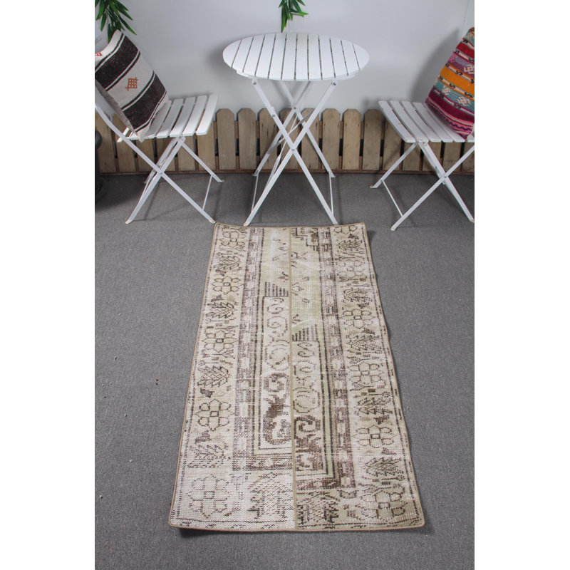 Vintage Handmade Turkish Patchwork Rug in Faded Green for Entryway and Small Spaces