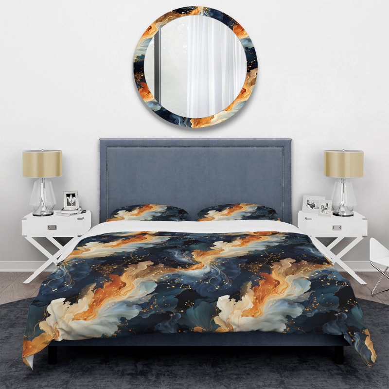 Literie orange et bleu sarcelle Astral Marble Dreams, Housse de couette pour grand lit et 2 taies décor