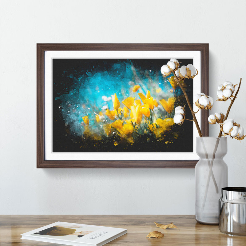 Yellow Blooming Flowers - Framed Print, 62cm H x 87cm W x 2cm D, Walnut Framed