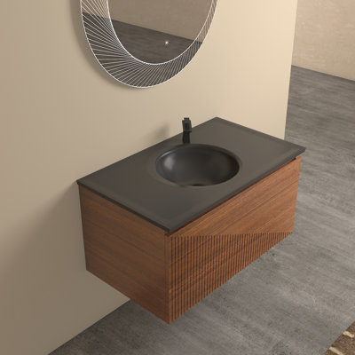 Sebastian 36 po Ensemble de meuble-lavabo mural contemporain avec lavabo simple intégré sable quartz noir