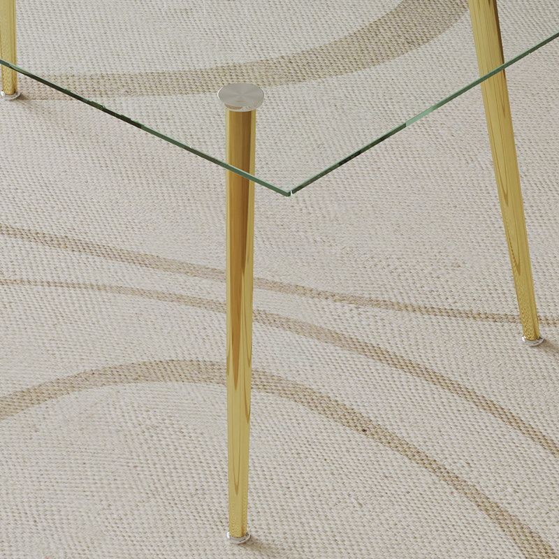 Table de salle à manger en verre trempé de 0,32 po d'épaisseur avec pieds en acier inoxydable doré, profondeur 64,51 po, largeur 35,11 po, hauteur 30,71 po, poids de 87,21 lb, conception fonctionnelle et élégante, surface non absorbante, option stable
