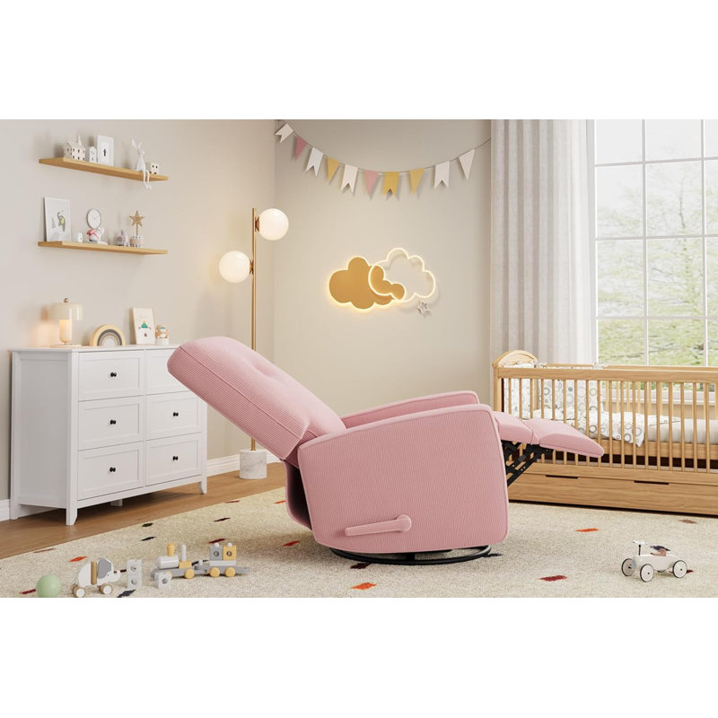 360° Swivel Rocking Recliner Chair with Adjustable Backrest, Cozy Linen/Corduroy Armchair for Living Room, Pink Corduroy
