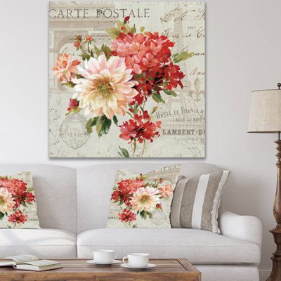 «Red Painted Flowers on Vintage Post card I», reproduction d'impression sur toile tendue