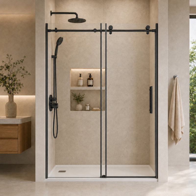 BCANHOME 56–60"W x 76"H Frameless Sliding Shower Door–10 mm (3/8") Tempered Glass with Tempered Glass (Matte Black)
