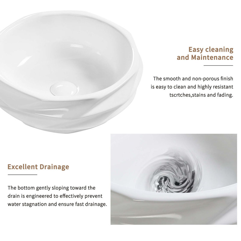 Lavabo vasque rond en céramique matelassée à motif de losanges - Lavabo de salle de bain texturé 15,75 po x 5,9 po, sans trou de robinet, brillant sans drain, compact pour les salles d'eau et les véhicules récréatifs