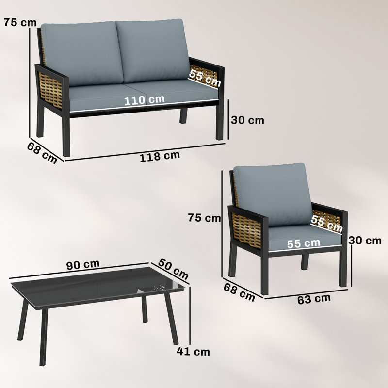 Outsunny 4 Seater Rattan Garden Furniture Set with Table, Grey Blue Cushion/Brown Frame