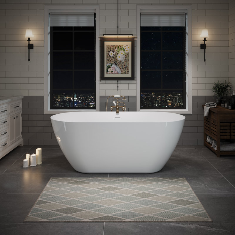 55" x 28.74" Acrylic Freestanding Bathtub, Oval Deep Soaking Bathtub with Center Pop-up Drain & Integrated Overflow for Bathroom Spa, Glossy White
