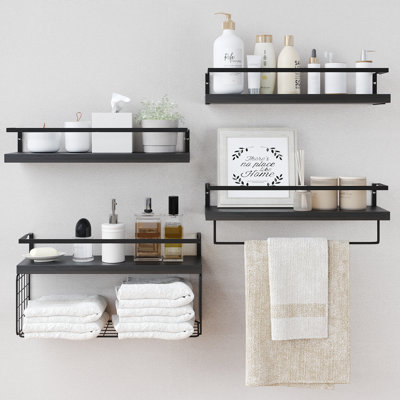 Black Wood Floating Shelves Wall Mounted - 3+1 Tier Rustic Bathroom Wall Shelves Over Toilet with Wire Storage Basket and Towel Bar, set of 4 Farmhouse Floating Shelf for Bathroom, Kitchen, Bedroom.