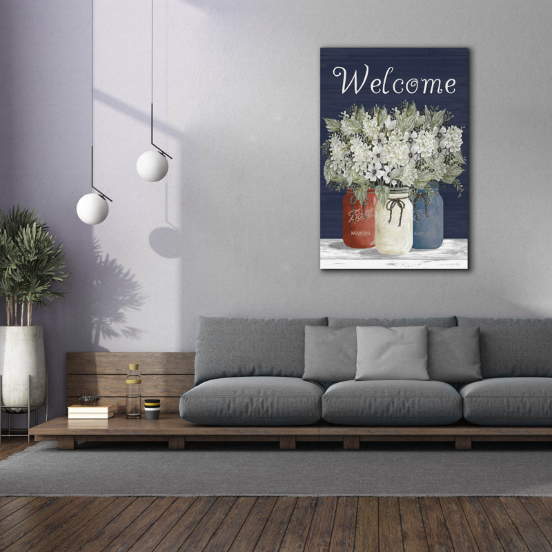  «Welcome Red, White & Blue Jar Trio» par Cindy Jacobs, art mural sur toile, 40 po x 60 po