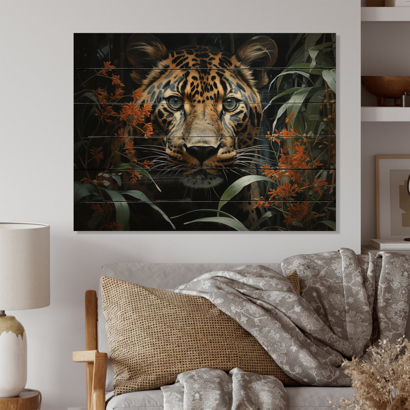 Léopard silencieux, tige II sur bois, H 10 po x l 20 po x P 0,78 po