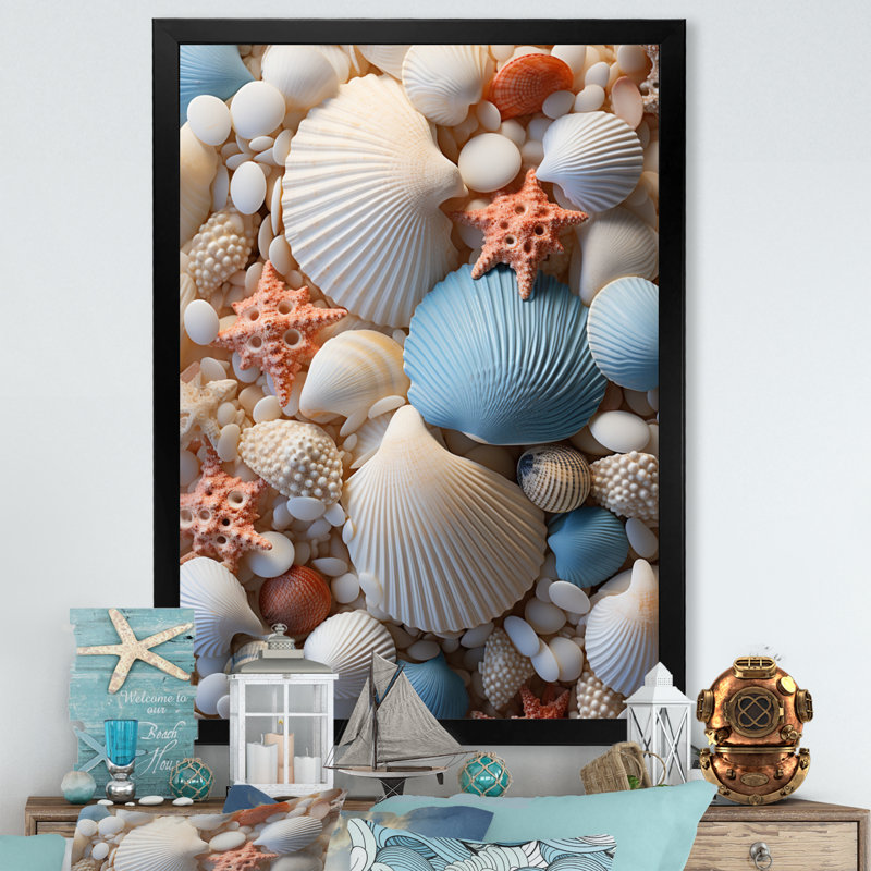 Décoration de plage photo coquillage II - décor mural animal côtier, H 40 po x l 30 po x P 1,5 po, Cadre photo noir