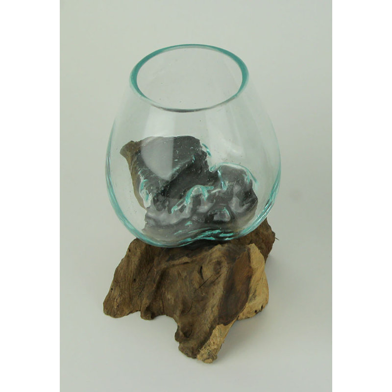 Verre en fusion sur bol en bois flotté / vase / terrarium en teck