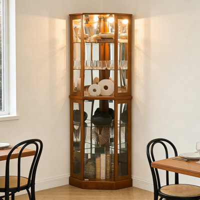 Vaisselier d'angle avec tablettes réglables en verre et dossier en miroir