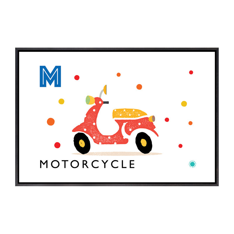 «M Is for Moto» - impression d'art graphique, H 40 po x l 60 po x 1,5 po, Toile avec cadre noir patiné, Pas de tapis