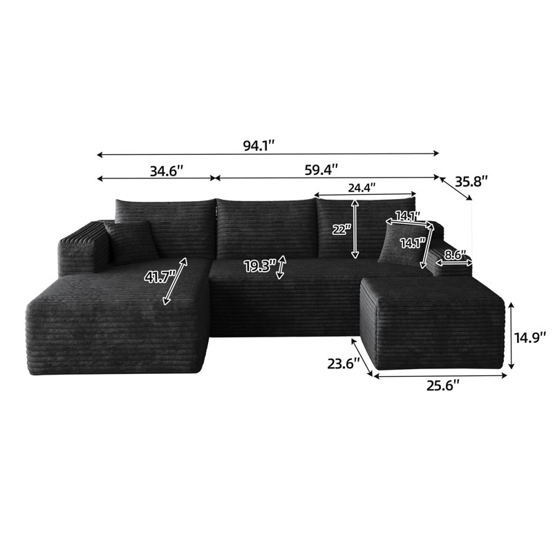 Canapé modulaire 95 po avec 1 repose-pieds Cloud, fauteuils rembourrés minimalistes modernes, canapé confortable en forme de U pour le salon, canapé d'angle à siège profond, aucun assemblage requis, noir (tissu en velours côtelé moelleux)