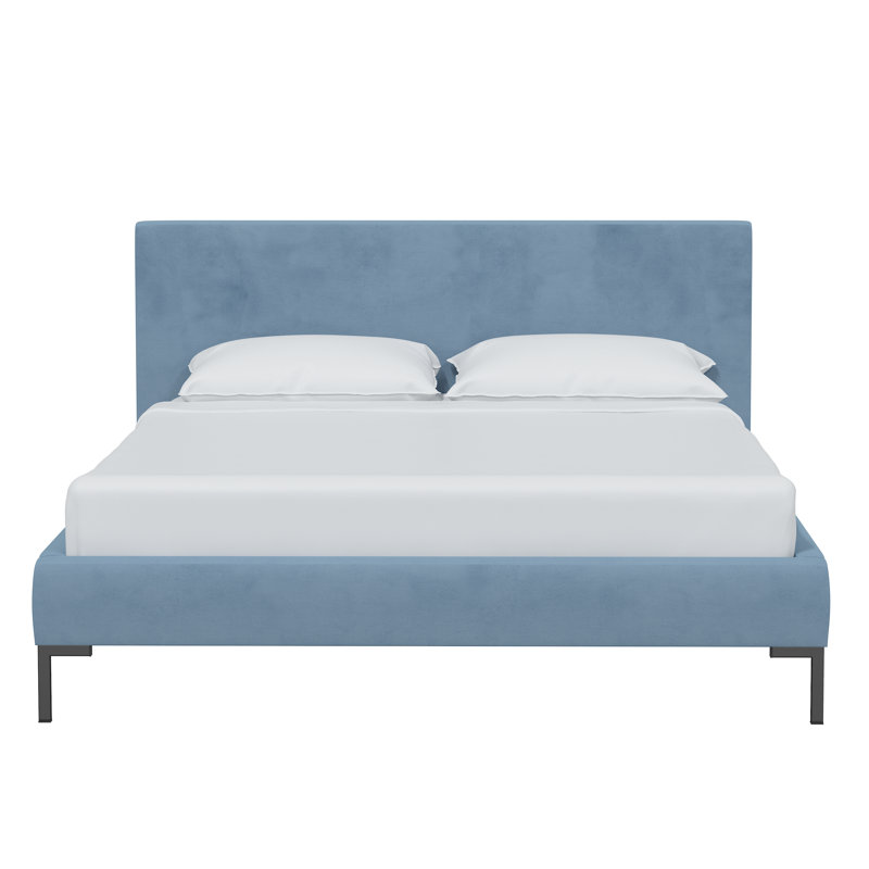 Rand Upholstered Platform Bed, Classic Ocean Velvet, Queen, Black Wood