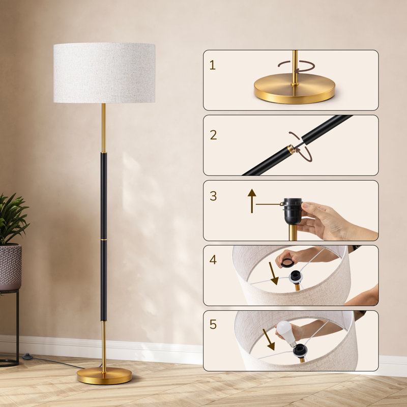 65" Black and Gold Dimmable Floor Lamp with Linen Shade