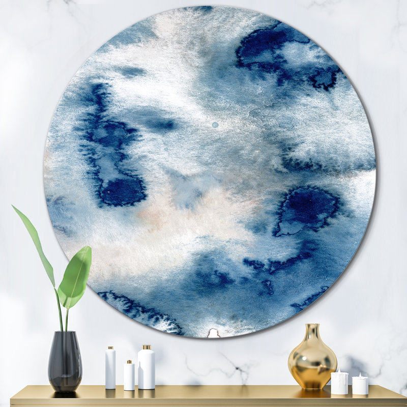 Aquarelle abstraite classique bleu II - cercle moderne en métal, art mural, H 23 po x l 23 po