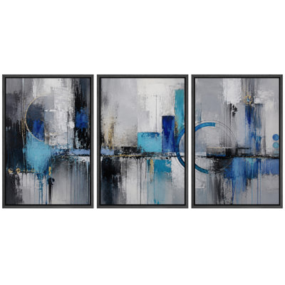 Anneaux géométriques gris, turquoise, bleus et noirs, œuvre abstraite, tableau pour salon, impression giclée sur toile encadrée en 3 pièces - 40,6 x 61 cm (3 pièces)