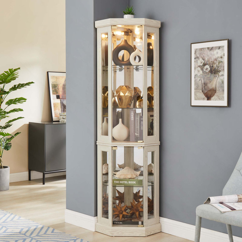 Antique Collection Corner Glass Display Lighted Curio Cabinet For Living Room, Antique White