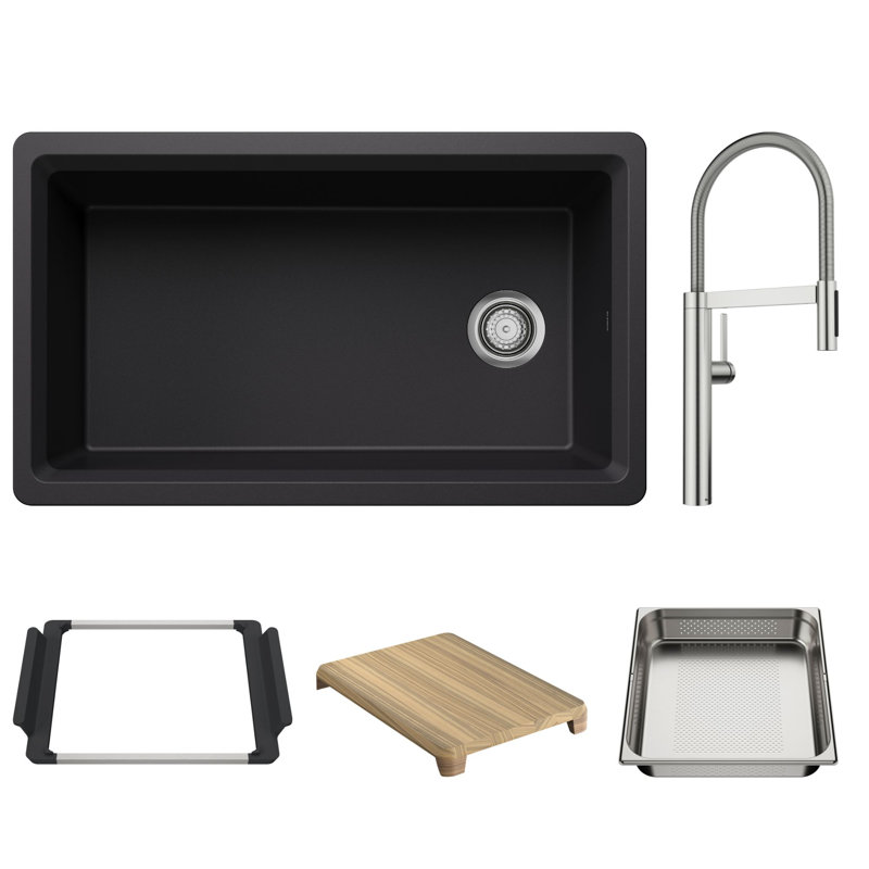 Inteos SILGRANIT 33" Single Bowl Reversible Undermount Workstation Kitchen Sink With Culina II Semi-Professional Faucet