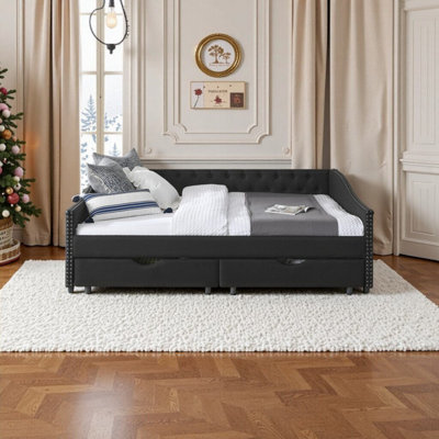Grand lit de jour rembourré avec tiroirs de rangement, canapé-lit capitonné pour le salon et la chambre d'amis