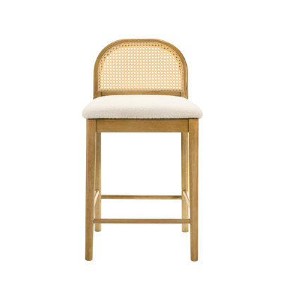Lucio Modern Farmhouse Wood Counter Height Kitchen Bar Stool In Amber Glow Finish With White Boucle Fabric Upholstered Seat