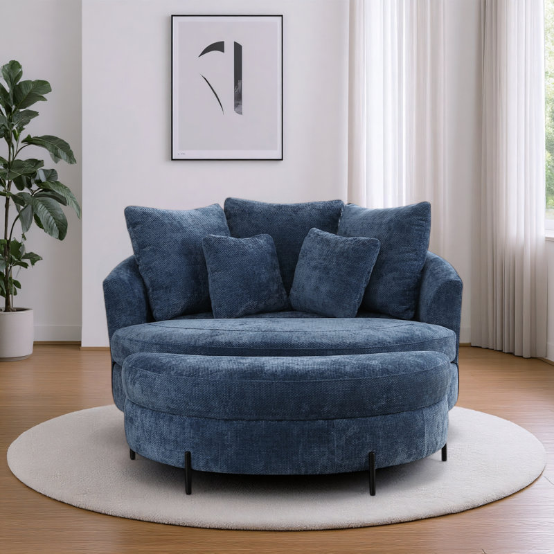 59.5" W Oversized Slipcovered Upholstered Accent Barrel Chair With Ottoman, Blue