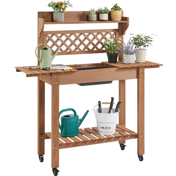 Jihane Fir Wood Potting Bench with Sliding Tabletop and Lockable Wheels, Brown